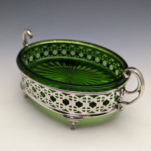 British Antique Butter Dish Silver Plate & Green Glass Inner
